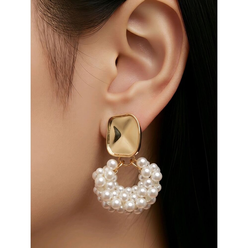 Gold & Pearl Cluster Hoop Dangle Earrings | Elegant Feminine Statement